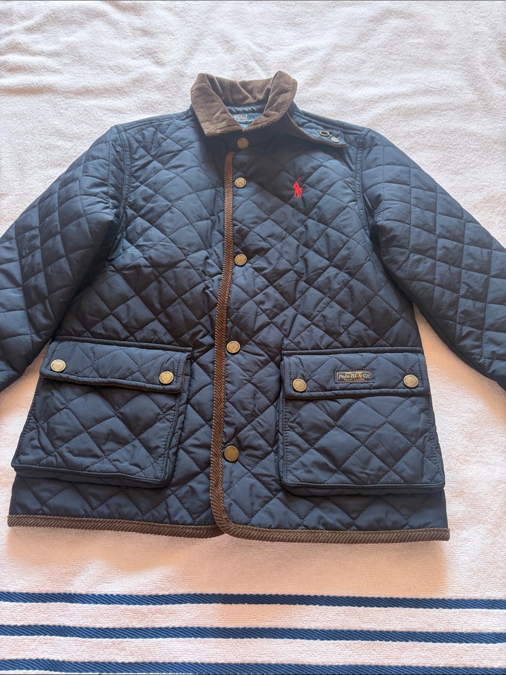 Ralph Lauren Kids Navy Quilted Puffer Jacket with Brown Trim